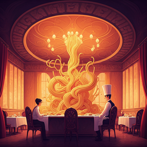 vibrant whimsical illustration of a high-end restaurant with noodles resembling lines of code, soft pastel colors, and elegant kitchen staff